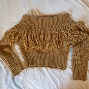 NanaMacs Tan fringe cropped sweater